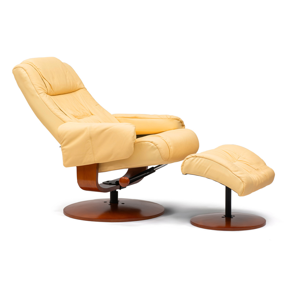 Sillón de relax Kemi con otomana reclinable estructura madera piel Mantequilla