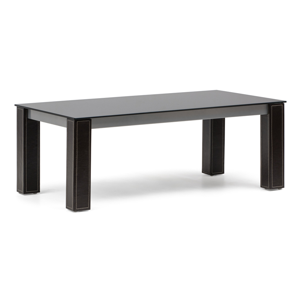 Mesa de Centro 110x60x42cm sobre cristal patas forradas en cuero marrón oscuro con pespunte